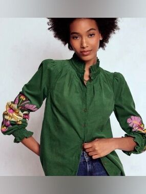 Boden Green Ribbed Top with Ruffle Trim